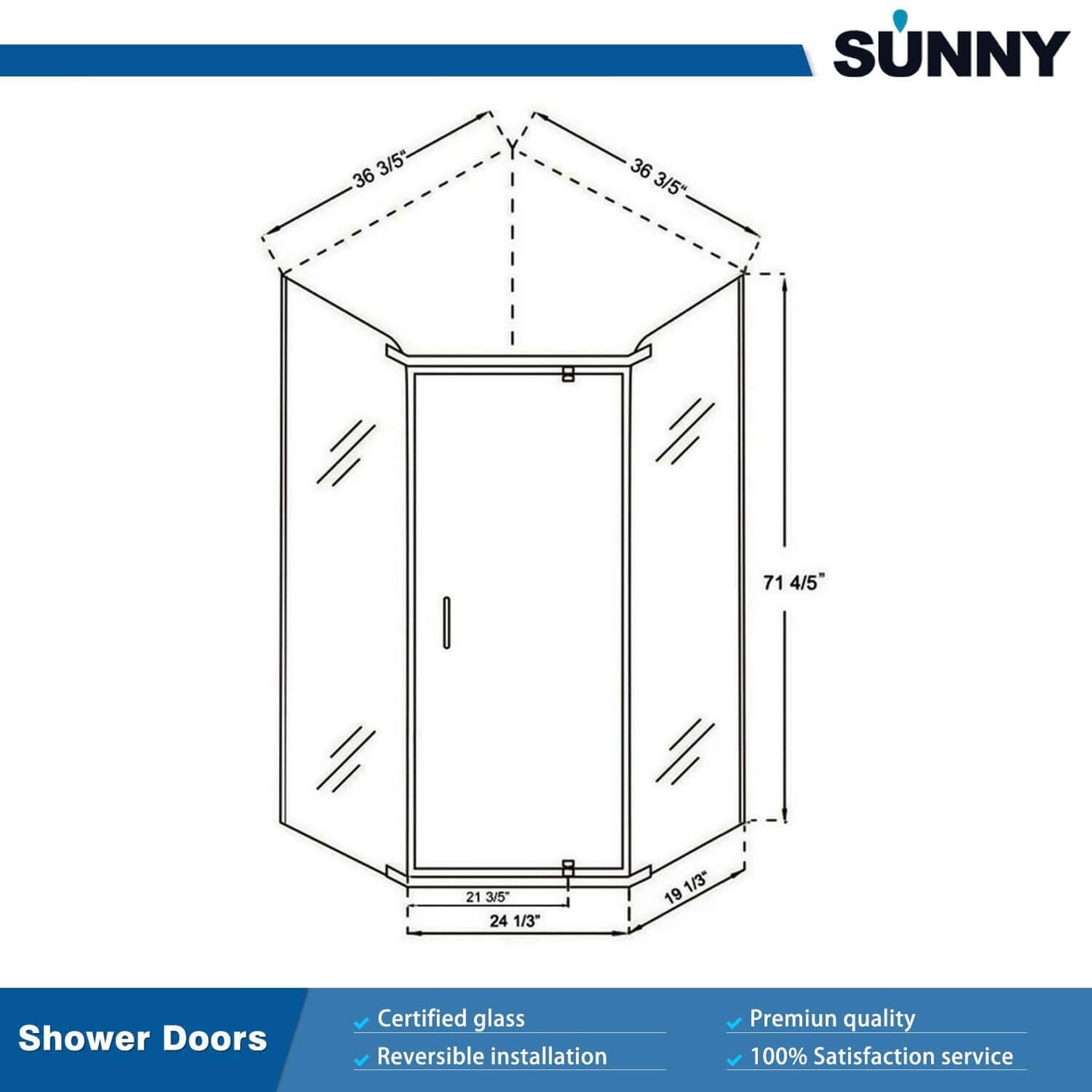 Glassifybath 36.5" W x 36.5" D x 72" H Corner Diamond Shower Enclosure with Pivot Door, Black Finish / Chrome Finish