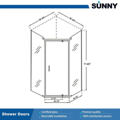 Glassifybath 36.5" W x 36.5" D x 72" H Corner Diamond Shower Enclosure with Pivot Door, Black Finish / Chrome Finish