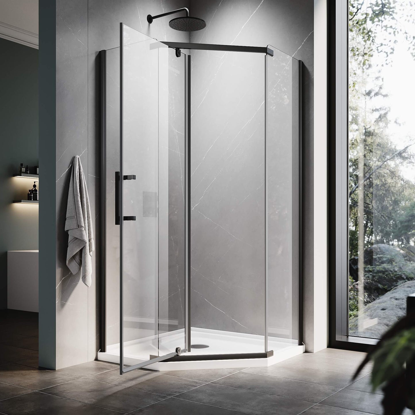 Glassifybath 36.5" W x 36.5" D x 72" H Corner Diamond Shower Enclosure with Pivot Door, Black Finish / Chrome Finish