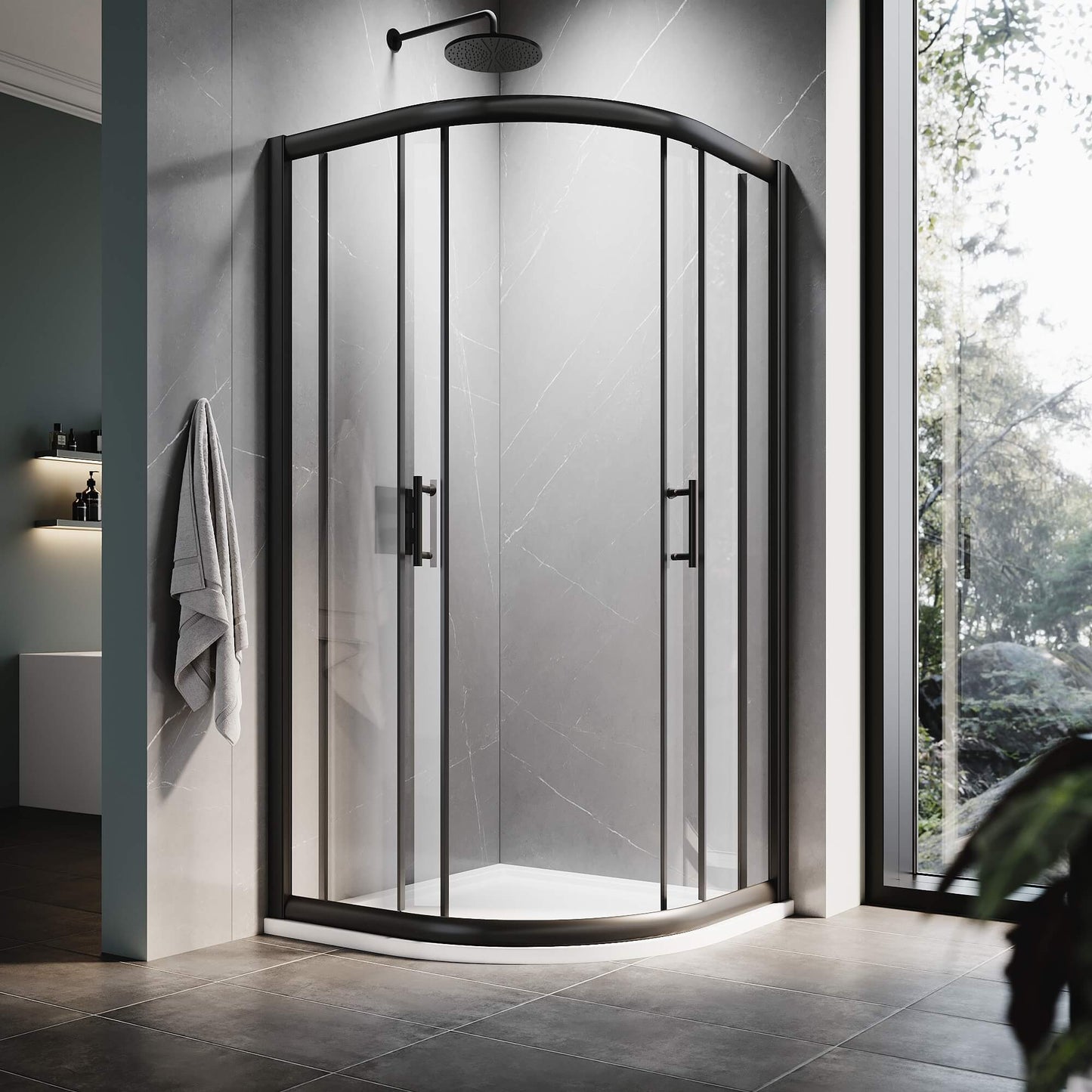 Glassifybath Corner Round Shower Enclosure with 36.7 in. W x 36.7 in. D x 72 in. H Double Sliding Doors, Black Finish / Chrome Finish