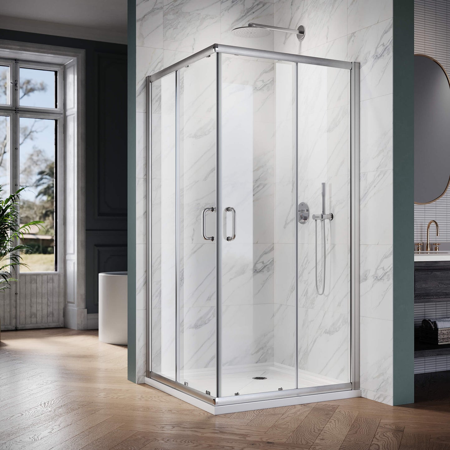 Glassifybath Corner Square Shower Enclosure with 1/4 in. Clear Tempered Glass Double Sliding Shower Doors, Chrome Finish