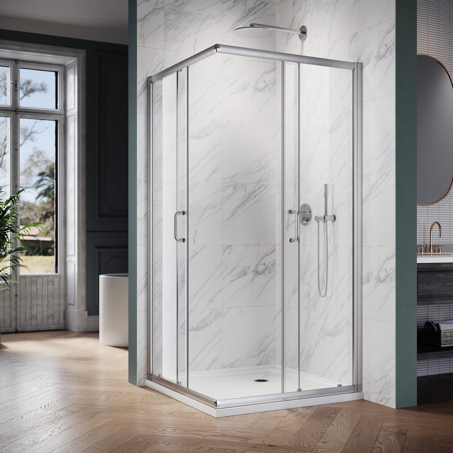 Glassifybath Corner Square Shower Enclosure with 1/4 in. Clear Tempered Glass Double Sliding Shower Doors, Chrome Finish