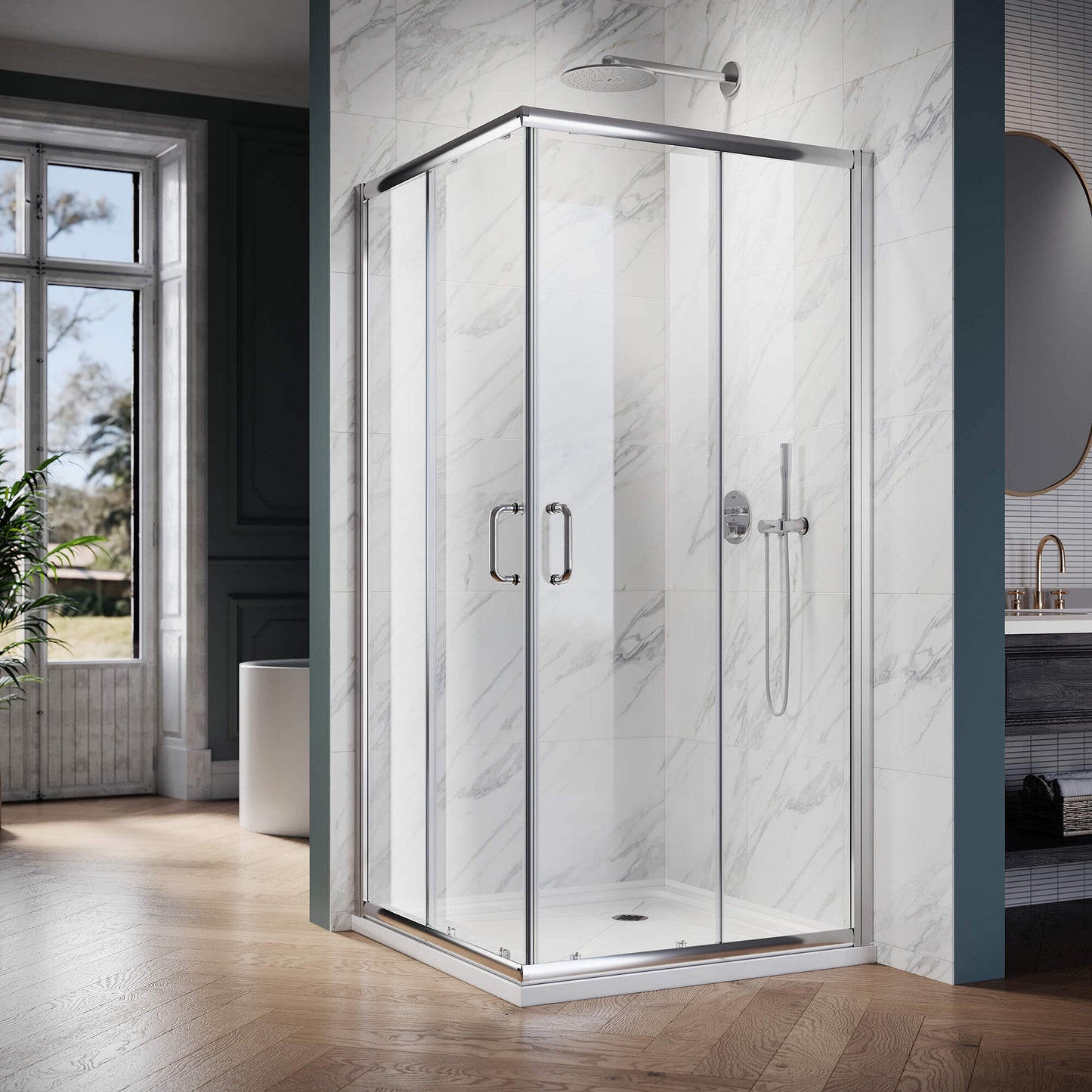 Glassifybath Corner Square Shower Enclosure with 1/4 in. Clear Tempered Glass Double Sliding Shower Doors, Chrome Finish
